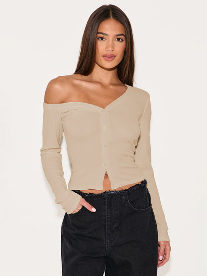 Asymmetrical Neck Long Sleeve Button Knit Cardigan T-Shirt