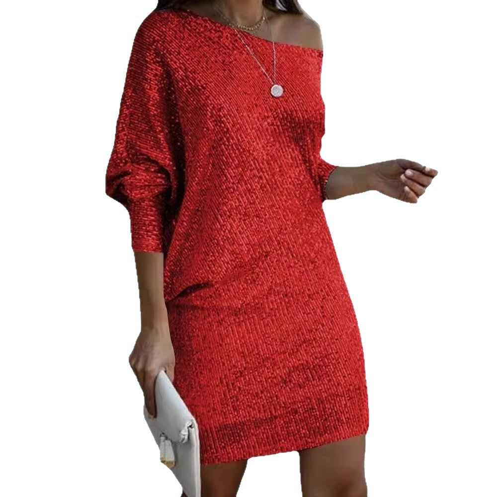 V-Neck Sequin Midi Dress Trendy Casual Dress