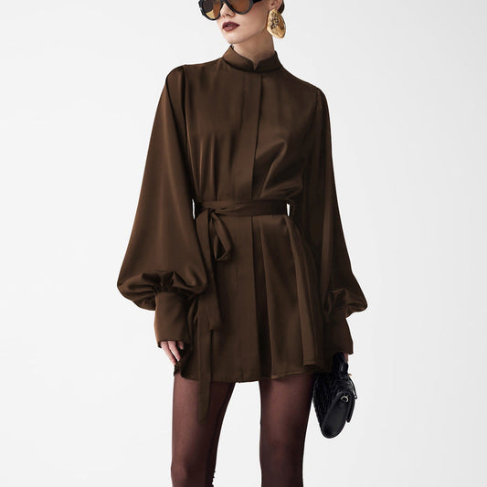 French Elegant Satin Mini Dress With Tie