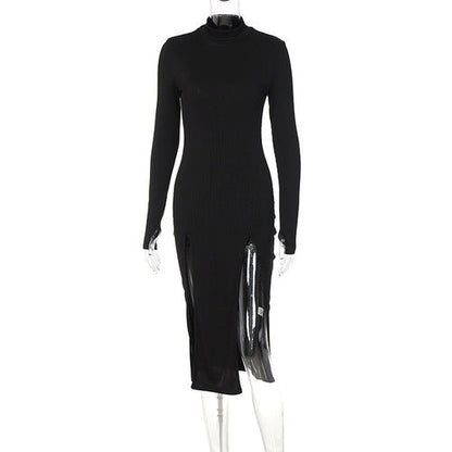 Design Sense Of New Sexy Style Half Turtleneck Double Slit Slim Dress