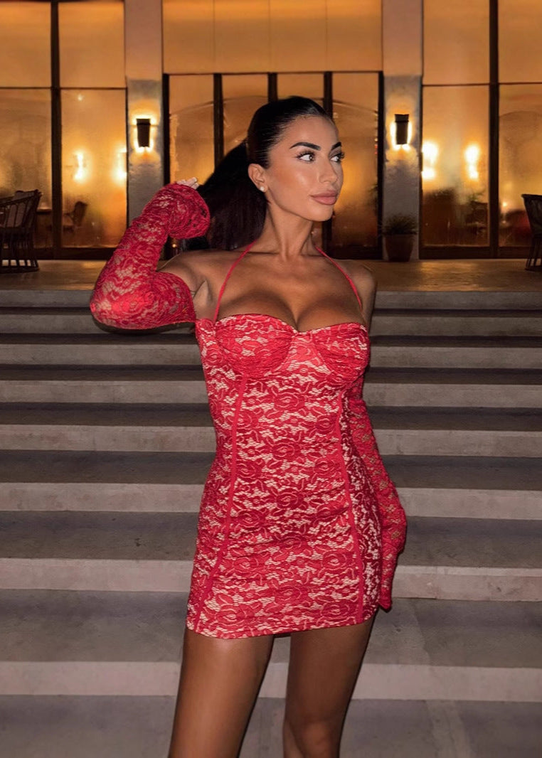 Lace Halter Mini Dress With Sheer Floral Design