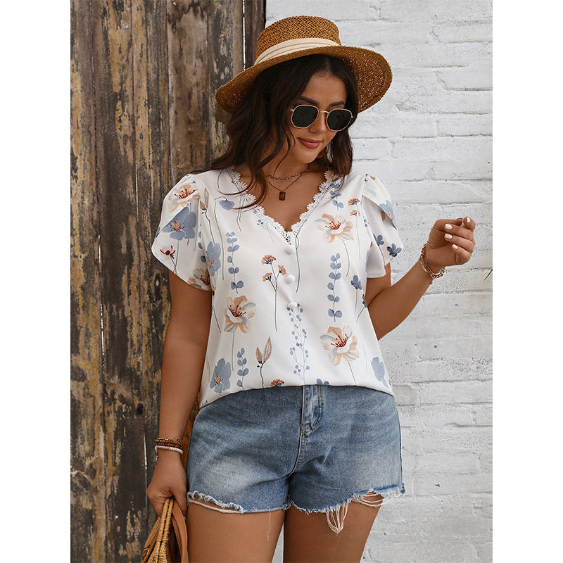 Summer V-Neck Lace Panel Printed Shirt Plus Size Women'S Fashion