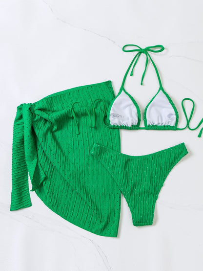 3PCS Sexy Solid Color Mesh Dress Halter Swimwear