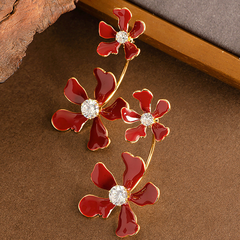 Exaggerated Floral Drop Earrings With Rhinestones For Women