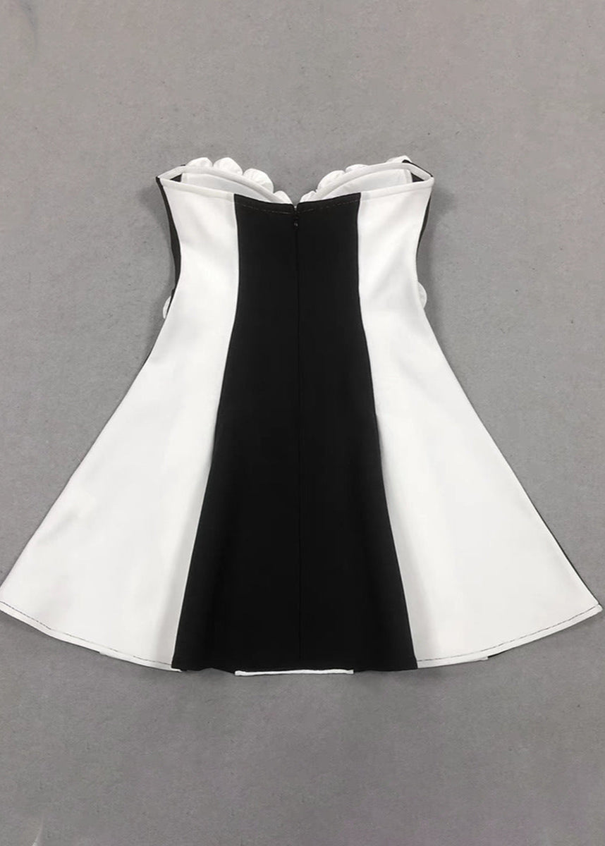 Strapless Satin Rosette Mini Dress Black White