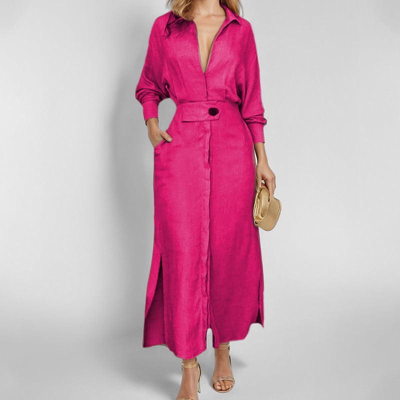 Women's Elegant V-Neck Maxi Dress with Belted Waist