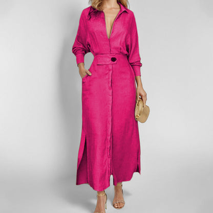 Women's Elegant V-Neck Maxi Dress with Belted Waist
