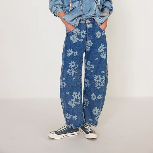 Casual Loose Mid-Rise Women's Denim Pants with Cartoon Patterns
