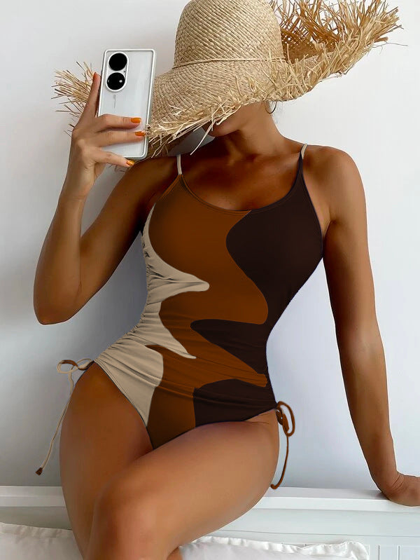 One-Piece Swimsuit, Multi-Color Panels, Drawstring Ripple Women'S Swimsuit