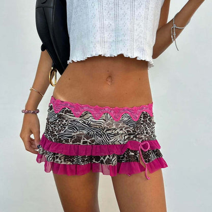 Splice Drawstring Leopard Sexy Mini Skirt