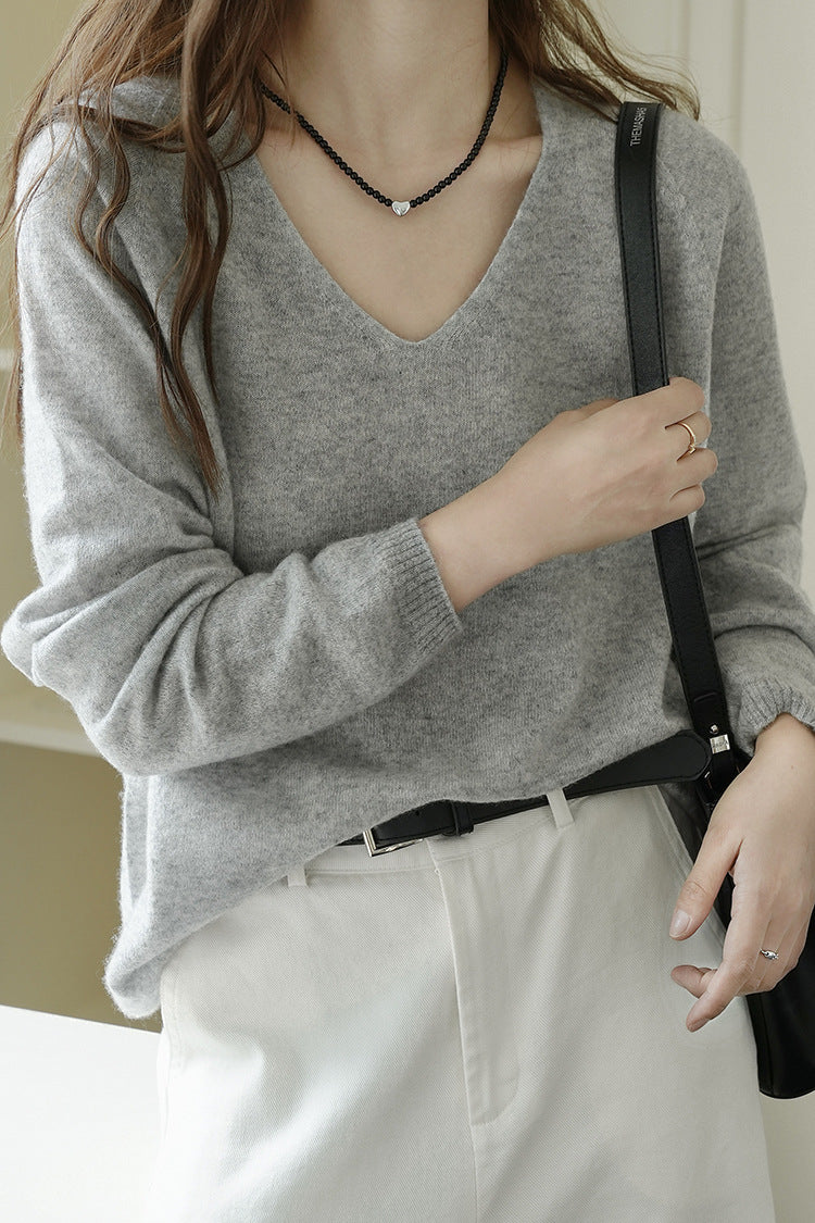 V-Neck Cashmere Blend Long Sleeve T-Shirt Elegant Casual Top