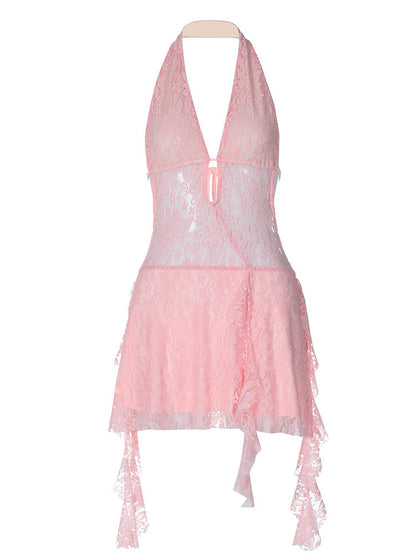 Sexy Lace Deep V Backless Mini Dress with Ribbons