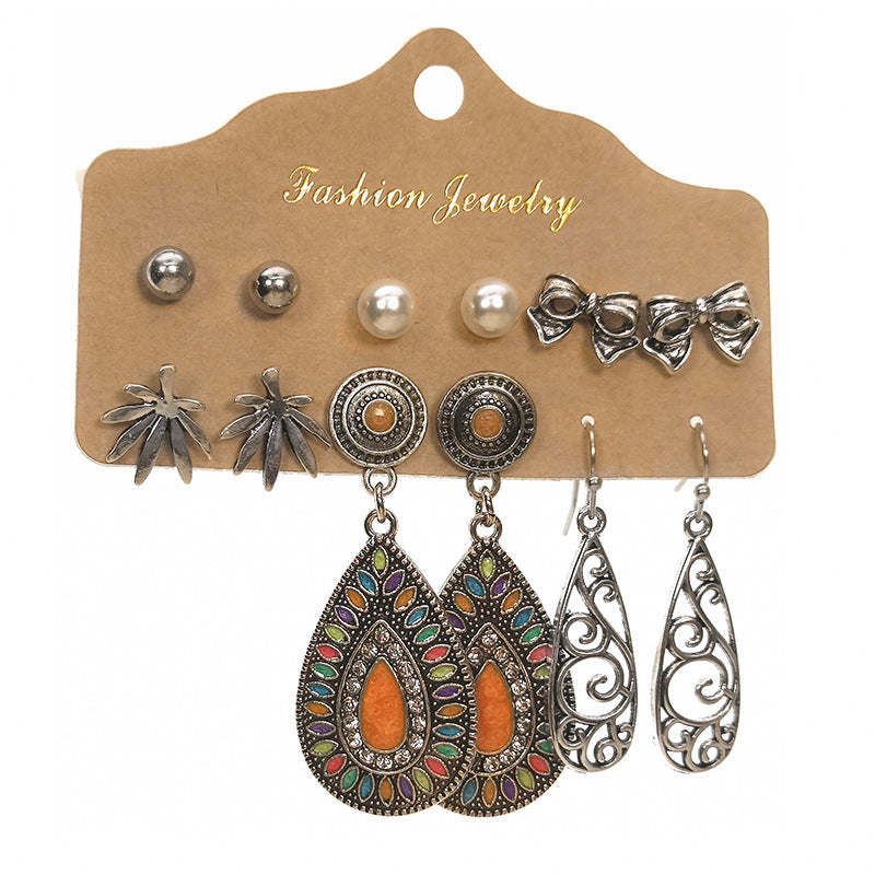 Geometric Alloy Tassel Earrings Set Vintage Style for Women