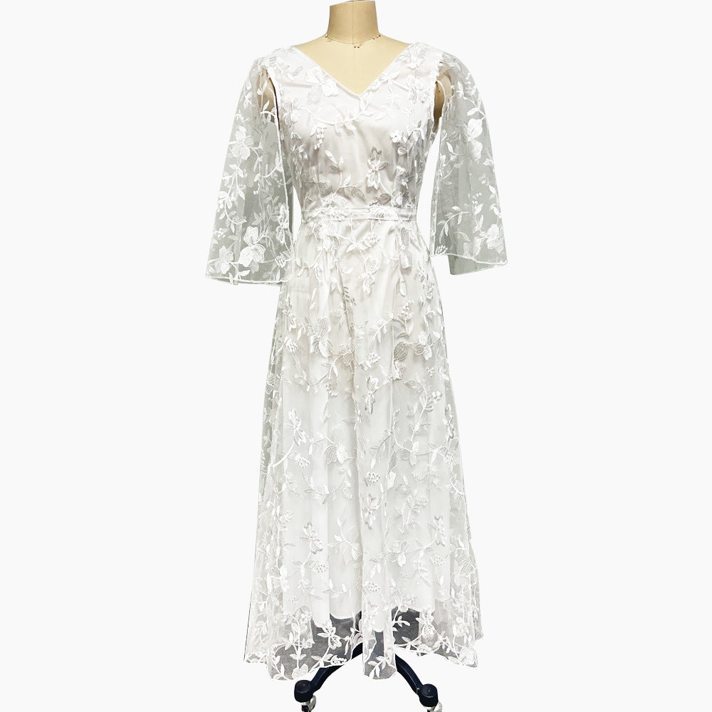 Lace Backless Deep V Midi Dress for Evening Events
