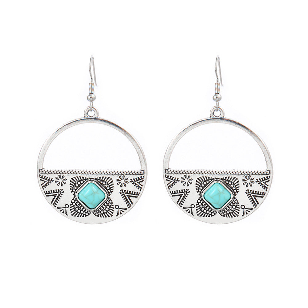 Simple Tribal Flower Teardrop Circle Turquoise Earring Set