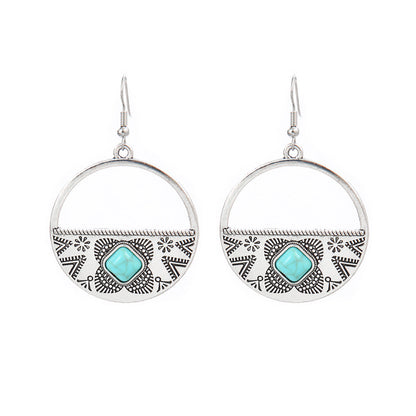 Simple Tribal Flower Teardrop Circle Turquoise Earring Set