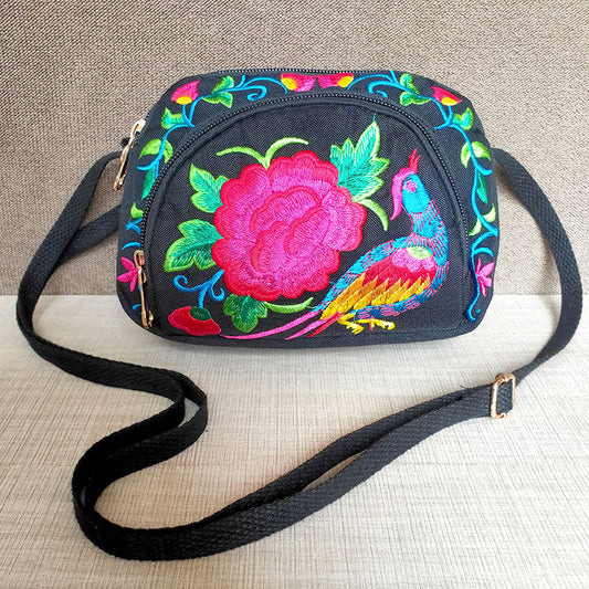 New Ethnic Style Embroidery Bag Women'S Embroidery Crossbody Three-Layer Zipper Shoulder Bag