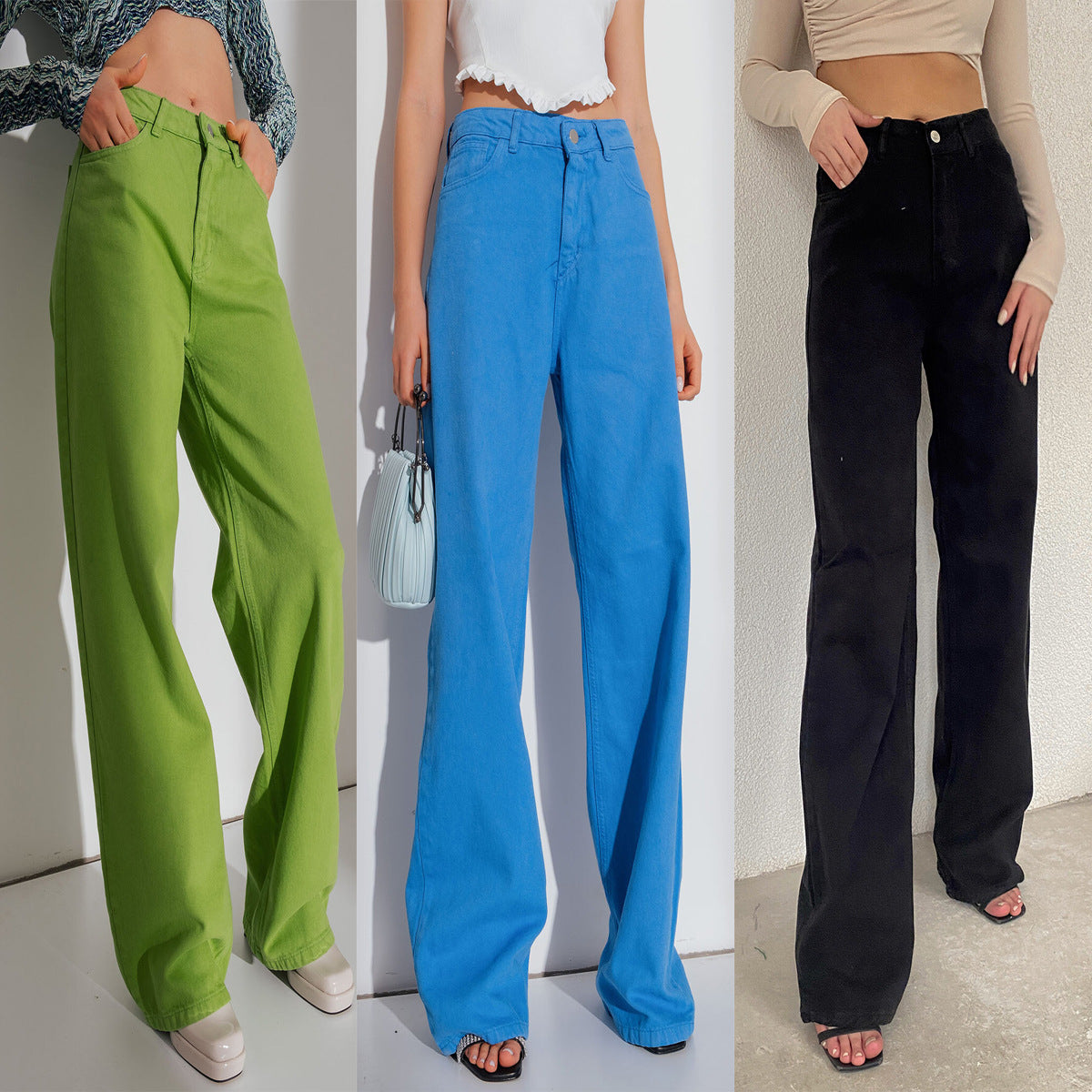 Multi-Color Wide-Leg Denim Pants for Women Casual Street Style