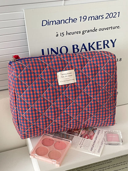 Color Block Plaid Makeup Bag Stylish Quilted Storage Organizer