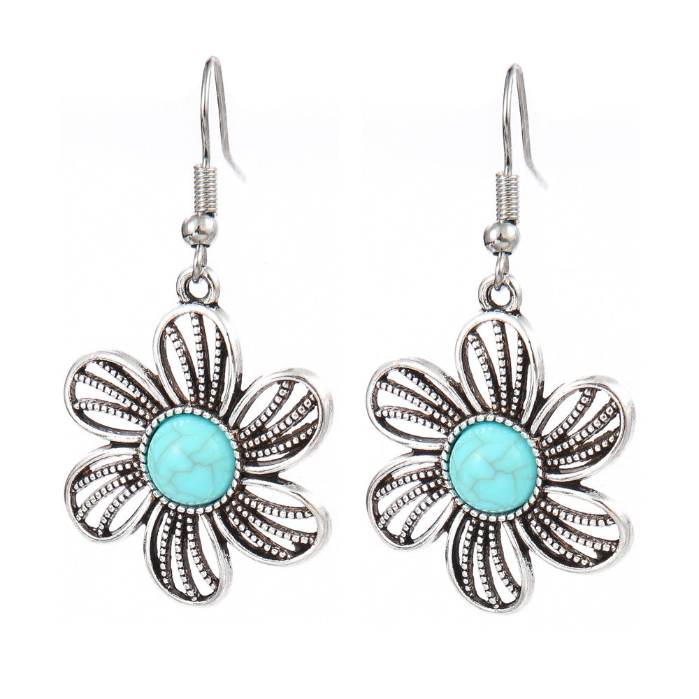 Simple Tribal Flower Teardrop Circle Turquoise Earring Set
