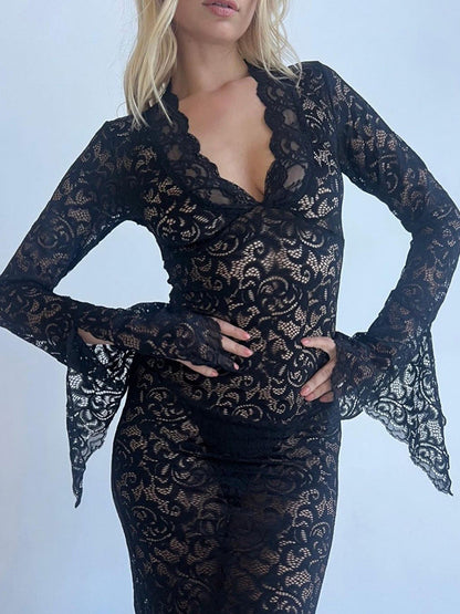 Sexy Deep V Lace Pattern Sheer Long Sleeve Maxi Dress