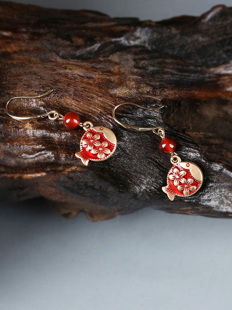 Antique Red Earrings With Cheongsam Retro Temperament Joker Jade Sterling Silver Ethnic Vintage Style Earrings
