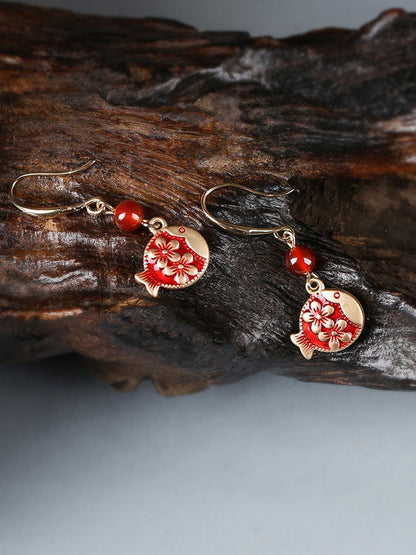 Antique Red Earrings With Cheongsam Retro Temperament Joker Jade Sterling Silver Ethnic Vintage Style Earrings