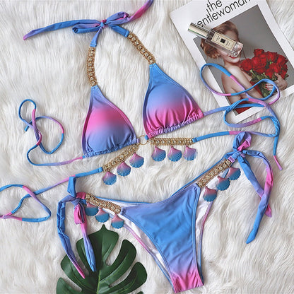 Sexy Strap Gradient Print Women'S Split Swimsuit Luxury Crystal Diamond Bikini Shell Swimsuit