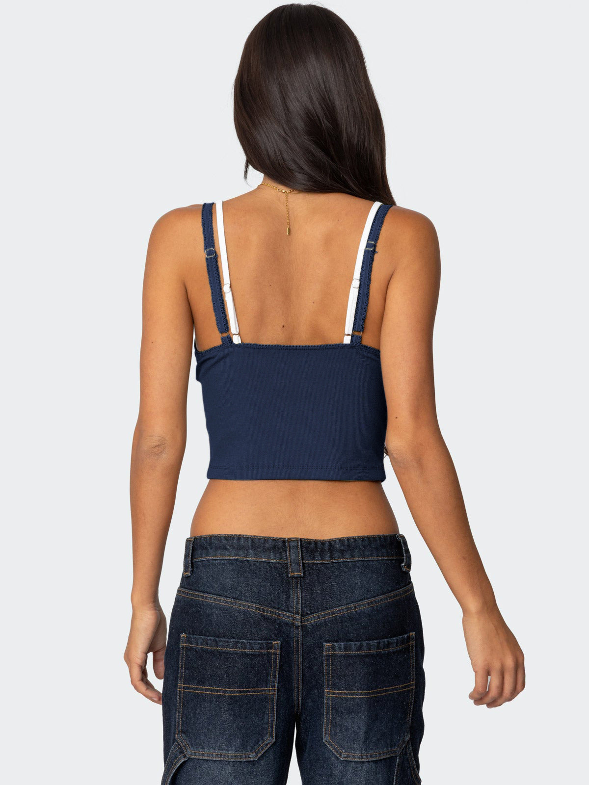 Fashionable Color Block Lace Overlay Cami with Bow Double Shoulder Straps