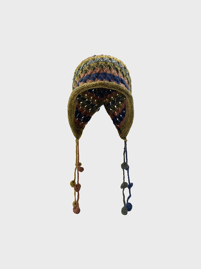 Vintage Tassel Pom Ear Flap Beanie Knit Hat