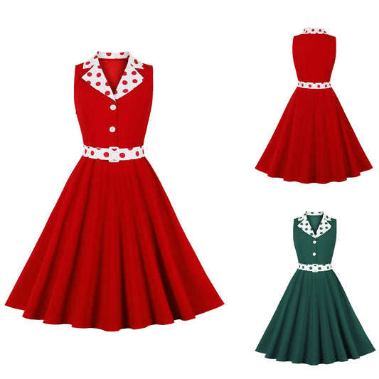Polka Dot Colorblock Vintage Belted Dress