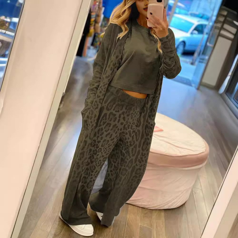 Leopard Print Long Sleeve Cardigan Set with Pants