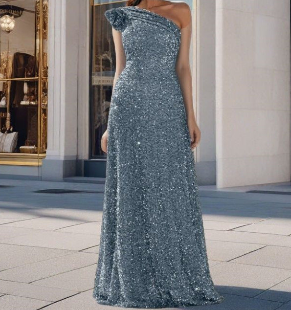 Silver Sequin A-Line Maxi Dress With One Shoulder Design