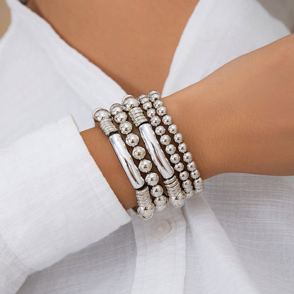 Heart-Shaped Metal Pendant Bead Bracelet Set Stylish Chunky Chain Bracelet For Women