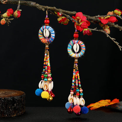 Retro National Style Contrast Color Pommel Earrings Exaggerated Personality Bohemian Holiday Long Tassel Temperament Earrings Women