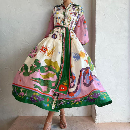 Elegant Floral Print Lantern Sleeve Maxi Dress