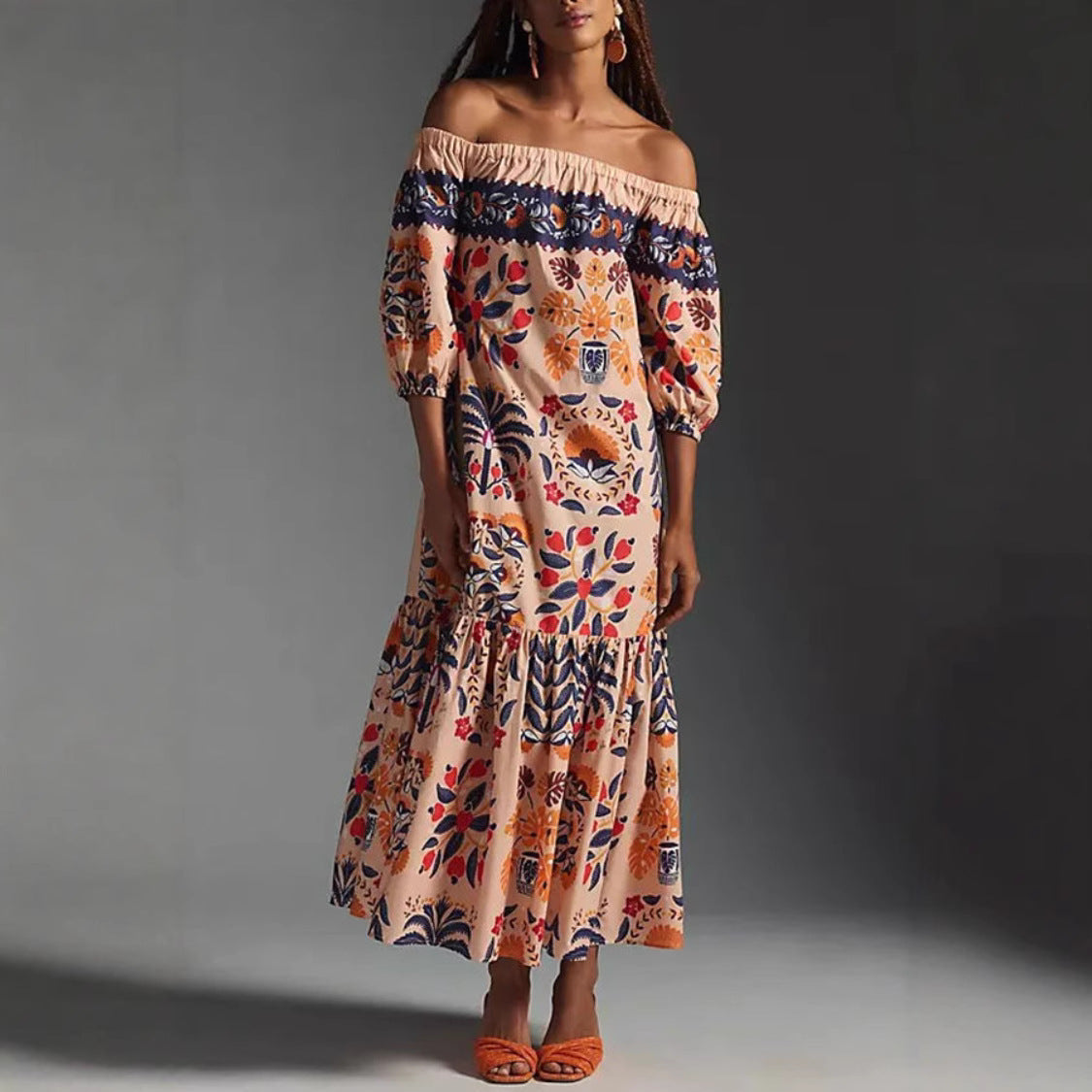 Retro Floral Off-Shoulder Pocket Maxi Dress for Women