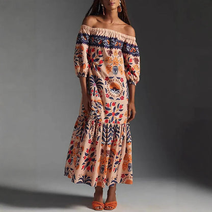 Retro Floral Off-Shoulder Pocket Maxi Dress for Women