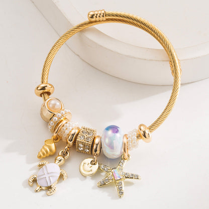 Starfish Turtle Pendant Adjustable Stainless Steel Bracelet