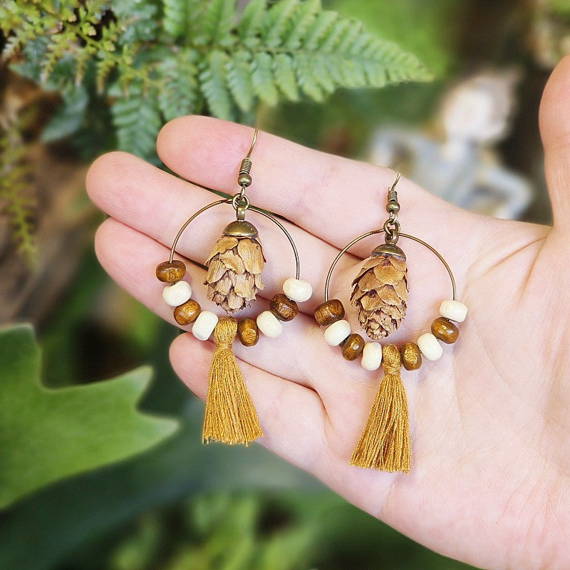 Bohemian Fringe Retro Style Earrings with Wooden Beads