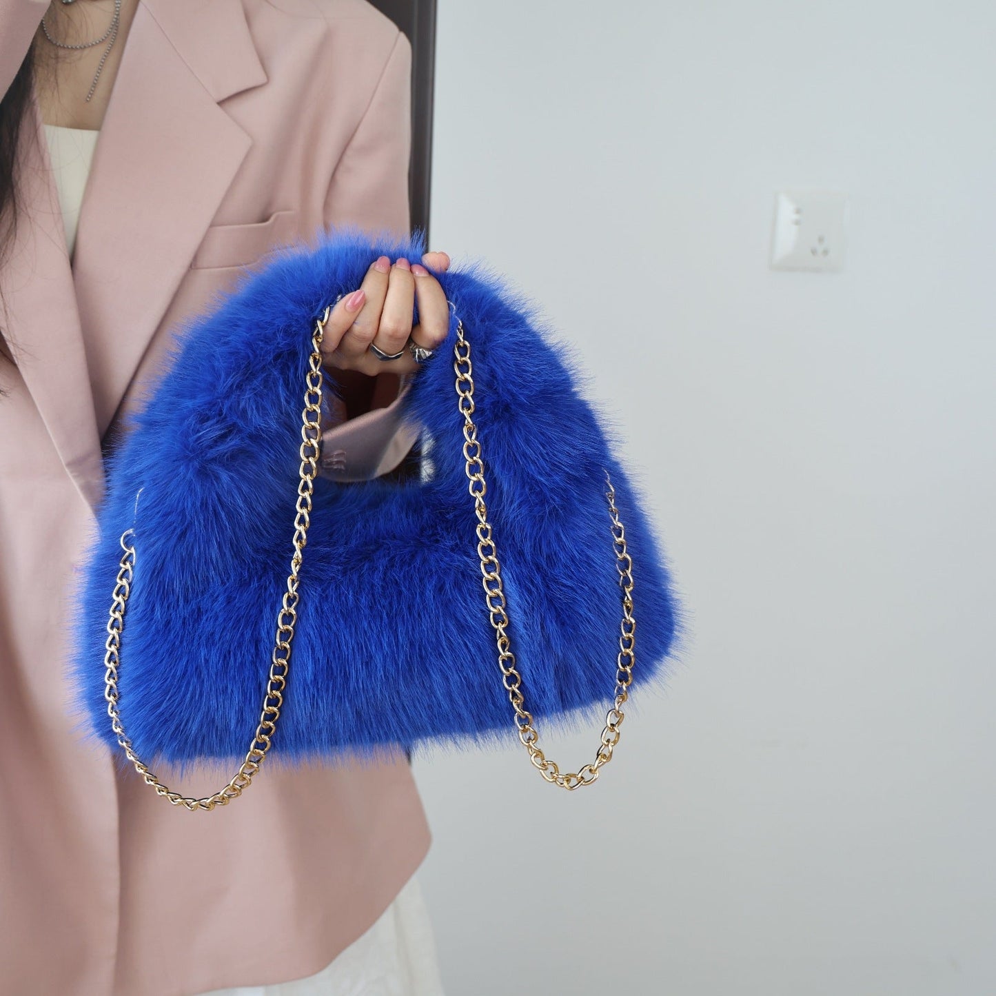Solid Color Soft Fluffy Fur Tote Handbag