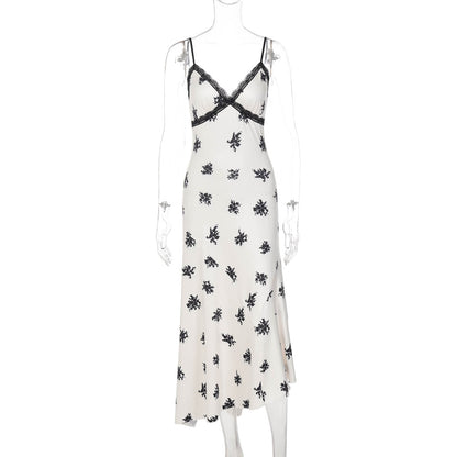 French Lace Trim V-Neck Sleeveless Maxi Dress