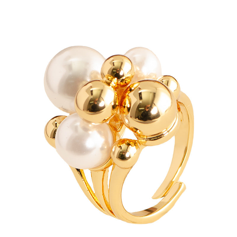 Adjustable Open Pearl Ring For Women In Gold Plated Fashion