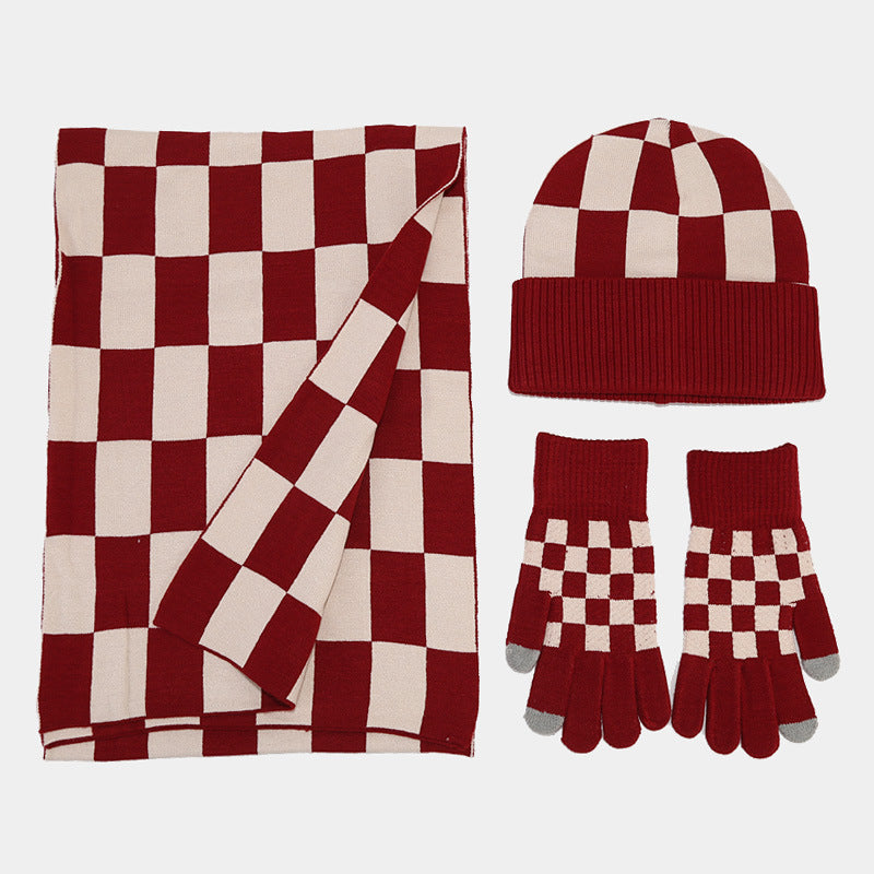 Winter Plaid Warm Hat Scarf Gloves Outdoor Sets