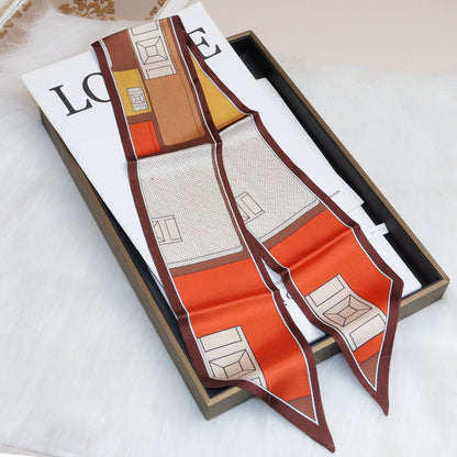 Print Narrow Long Satin Silk-Feel Scarf