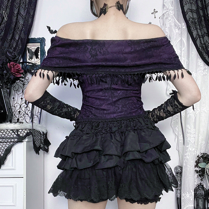 Gothic Rose Print Off-Shoulder Top Stylish Casual Lace Blouse