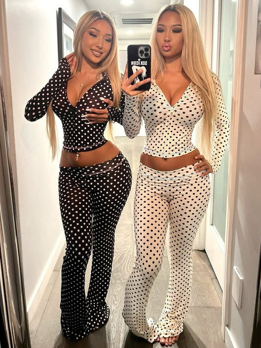 Trendy Polka Dot Hooded Cardigan and Color Block Pants Set