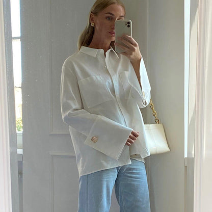 Chic White Long Sleeve Shirt with Double Pockets