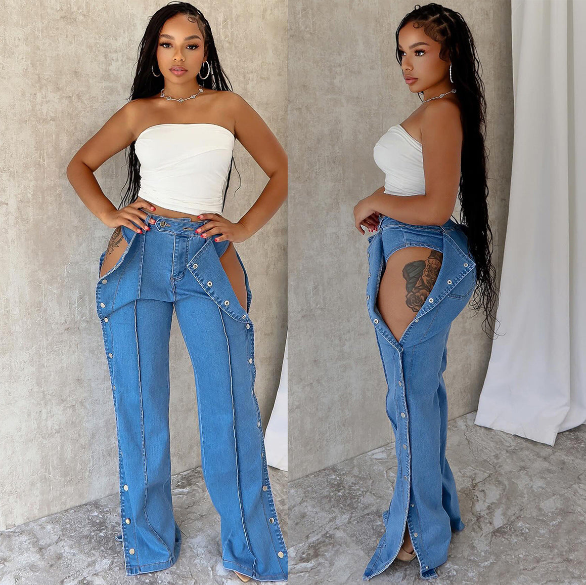 High-Waisted Denim Pants With Button Closure For Women