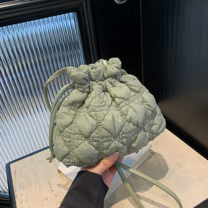 Ruffle Drawstring Bucket Bag Stylish Nylon Tote Bag
